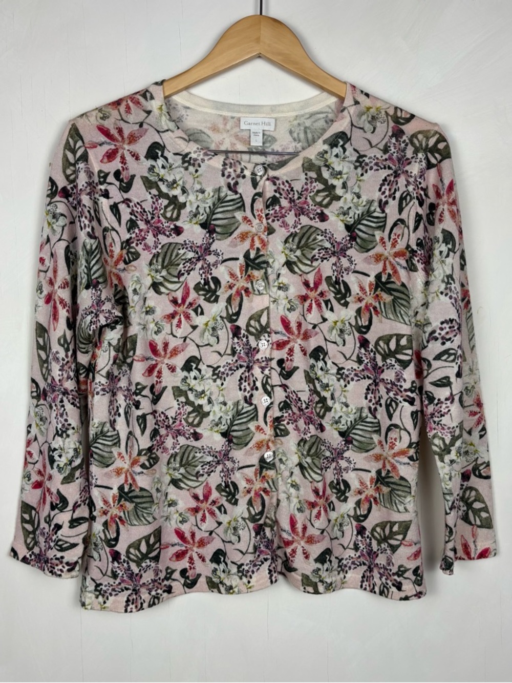 Garnet Hill Merino Wool Cardigan L Tropical Floral Print Button Front